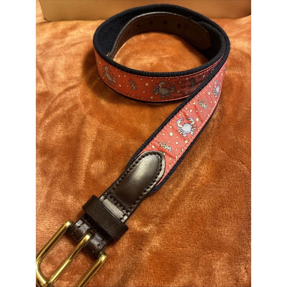 Vineyard Vines Navy Blue And Coral Belt Crabs Leather Sz 30 Mens Preppy